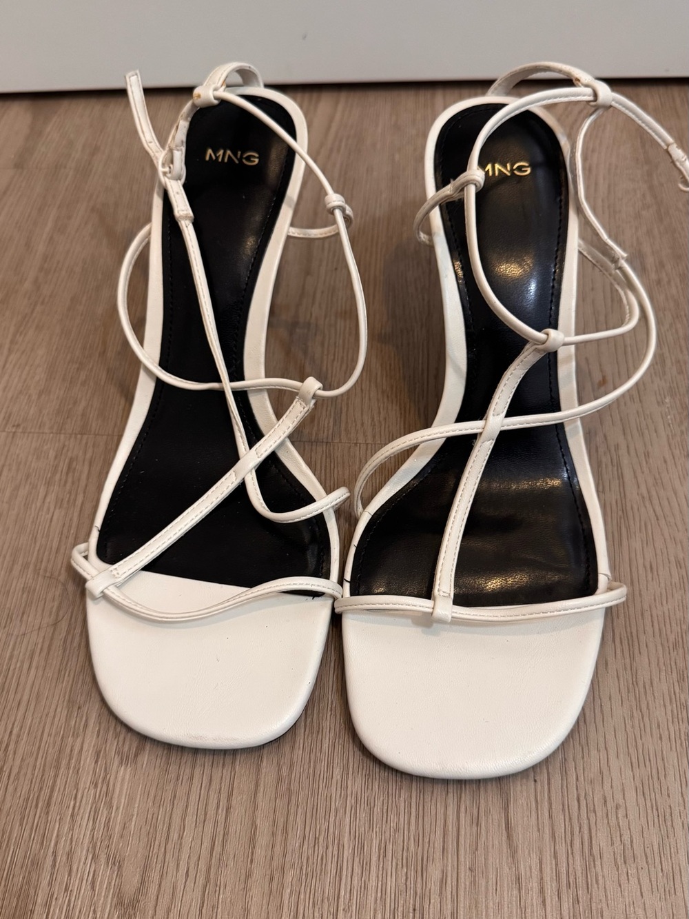 Mango White Strappy Ankle-Tie Square-Toe Heels